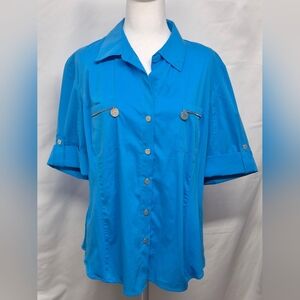 ANNE KLEIN Women's Turquoise Blouse Collared Stretch Cotton Size XL